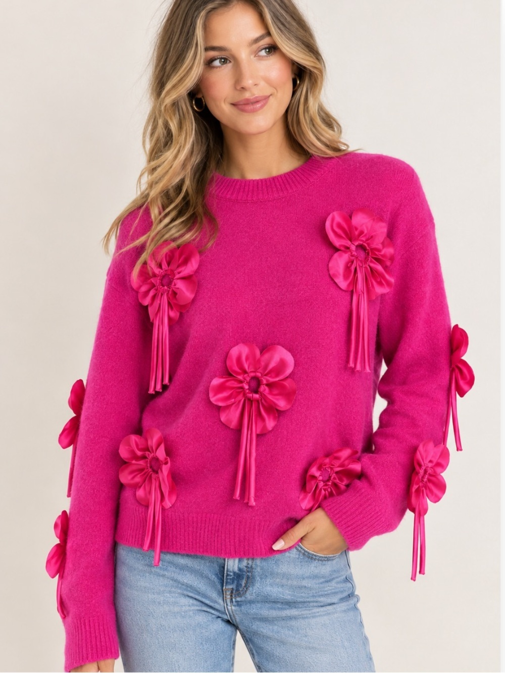 🆕 BiBi Hot Pink Fuchsia 3D Floral Appliqué
Sweater S/M NWOT